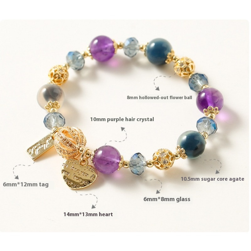 Lavender Amethyst Heart Bracelet – Agate Heart Charm & Hollow Bead | Handmade Crystal Jewelry for Women, Aesthetic Gift for Her
