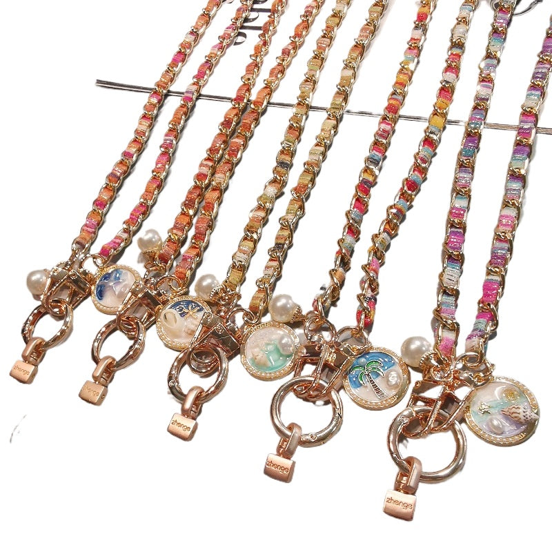 Crossbody mobile phone lanyard long metal chain painted cloth strap fashionable women's outdoor anti-lost mobile phone case bag chain