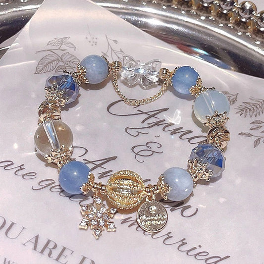 Fairy Tale Aquamarine & Blue Crystal Bracelet – Bridal Starry Sky Jewelry Gift for Women | White Quartz Snowflake-Inspired Beaded Chain