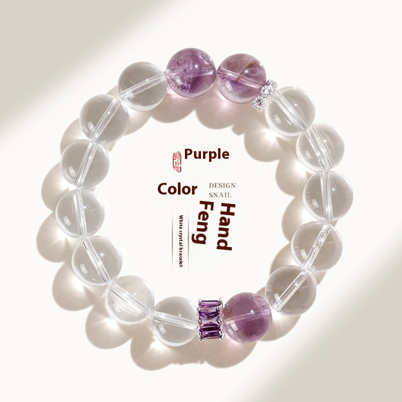 12mm Bolivian Amethyst & Clear Quartz Beaded Bracelet for Women – Elegant High-Vibe Crystal Jewelry lady hand string