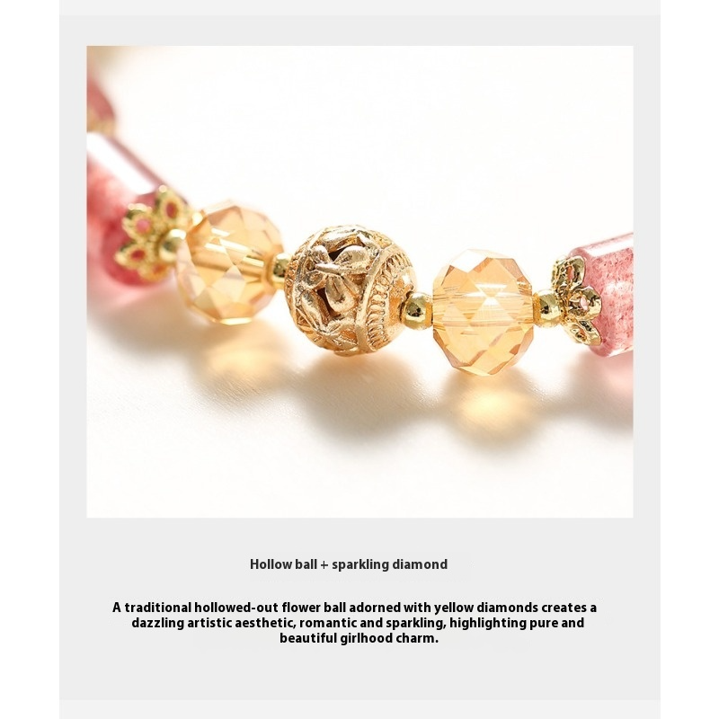 Strawberry Quartz & Aquamarine Crystal Bracelet – Handmade Beaded Jewelry with Gold-Plated Murano Glass Beads, Unique Gift for Her