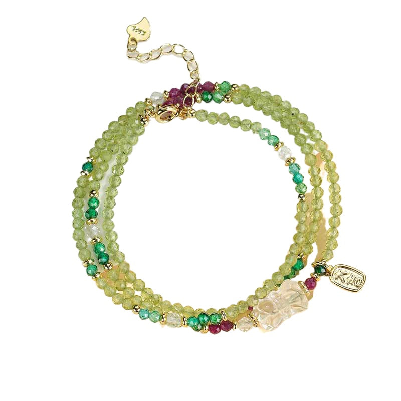 Peridot & Ruby Three-Layer Crystal Bracelet & Necklace – Elegant Chinese-Style 2-in-1 Beaded Jewelry for Women Gift