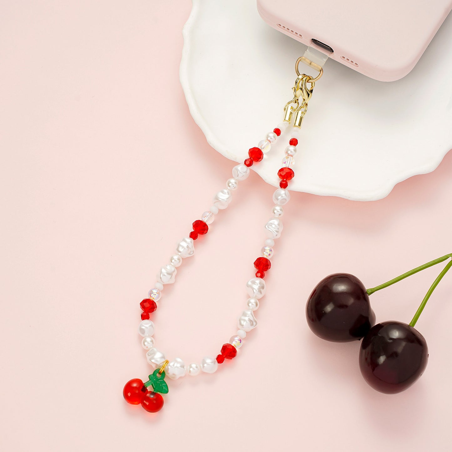 High-end Fashion Cherry Phone Chain Beaded INS Style Korean Version Girl Style Anti-lost Pearl Phone Pendant