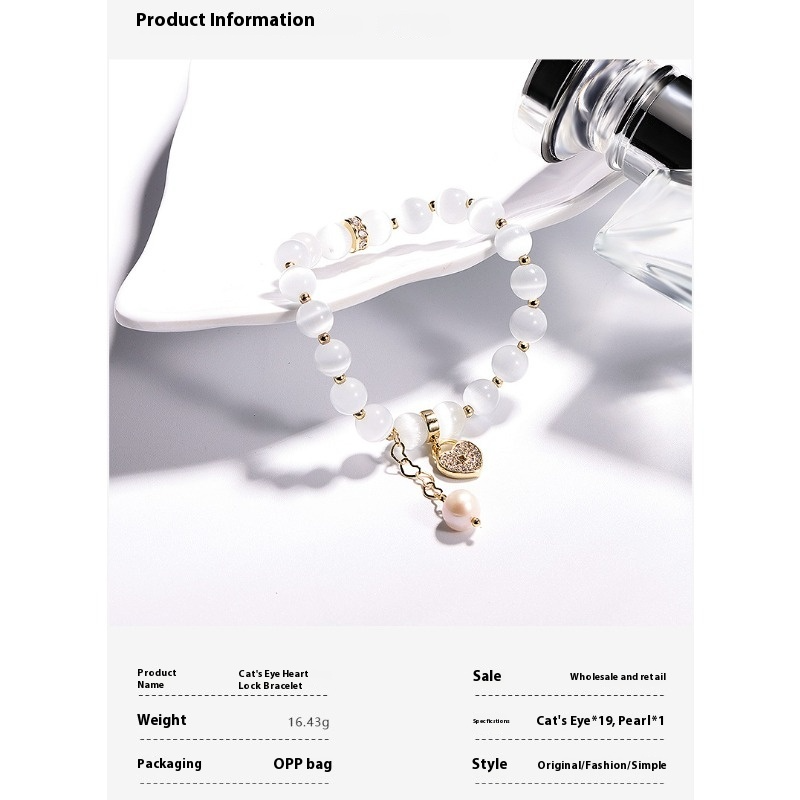 Crystal Tassel Bracelet for Women – Cat's Eye Gemstone, Pearl & Heart Lock Charm | Korean Fresh Style Jewelry
