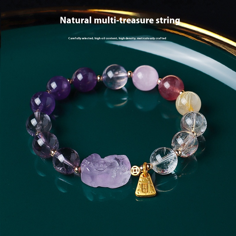 Natural Amethyst Pixiu Multi-Gemstone Bracelet – Lucky Wealth Crystal Jewelry for Women with Super Seven and Black Gold Elements