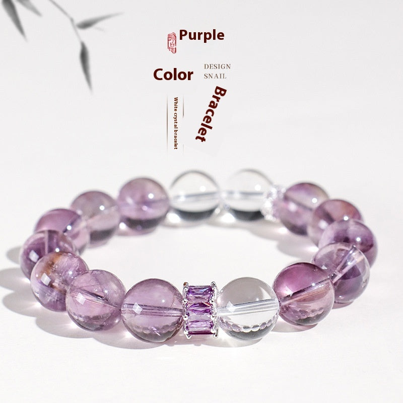 12mm Bolivian Amethyst & Clear Quartz Beaded Bracelet for Women – Elegant High-Vibe Crystal Jewelry lady hand string