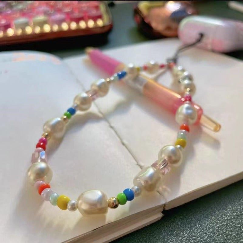 Rainbow Pearl Phone Strap – Trendy INS Style Beaded Chain for Case, Bag & Key Accessories