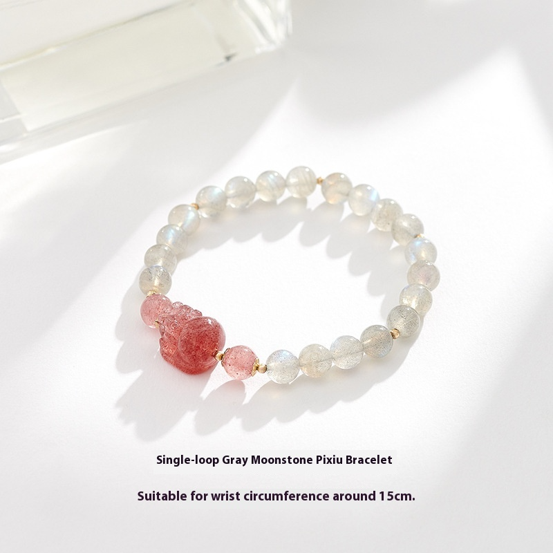Natural Rutilated Quartz & Strawberry Crystal Tassel Bracelet – Cute Cat Paw Charm Handmade Jewelry for Women/Lady/Girls