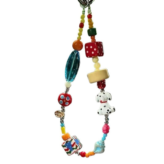 Dopamine phone charm with colorful beads. Cute multi-use strap for phone, bag, or camera. A joyful, trendy accessory for aesthetic lovers.