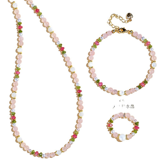 Natural Tourmaline, Morganite & Freshwater Pearl Jewelry Set – 3-Piece Crystal Beaded Ring, Bracelet & Necklace for Women Gift