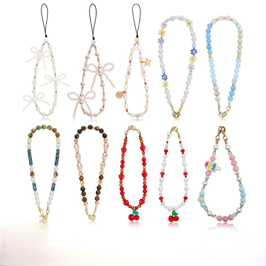 Luxury Pearl Beaded Crystal Phone Charm Strap – Cute Bow Design Wrist Lanyard for Girls – Aesthetic Phone Chain for Case, Earbuds, Wallet & Keys
