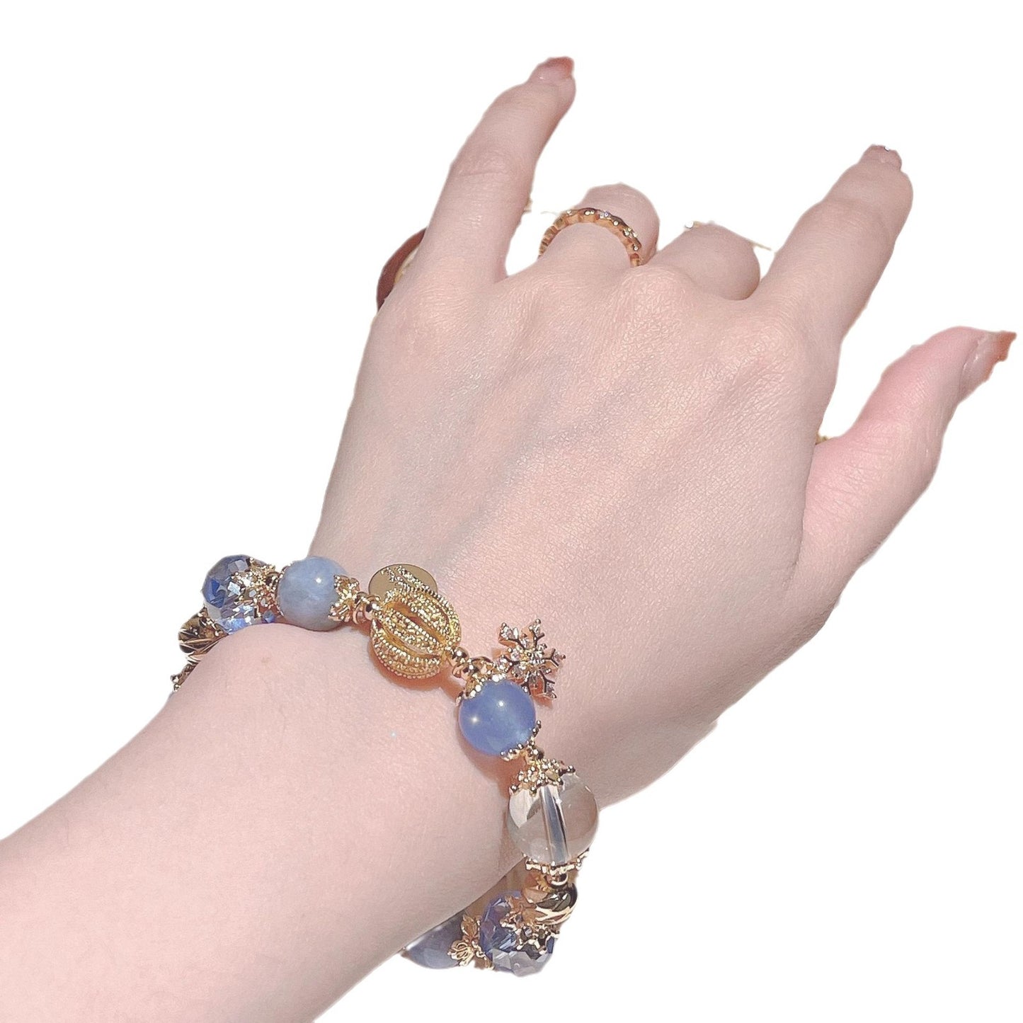 Fairy Tale Aquamarine & Blue Crystal Bracelet – Bridal Starry Sky Jewelry Gift for Women | White Quartz Snowflake-Inspired Beaded Chain