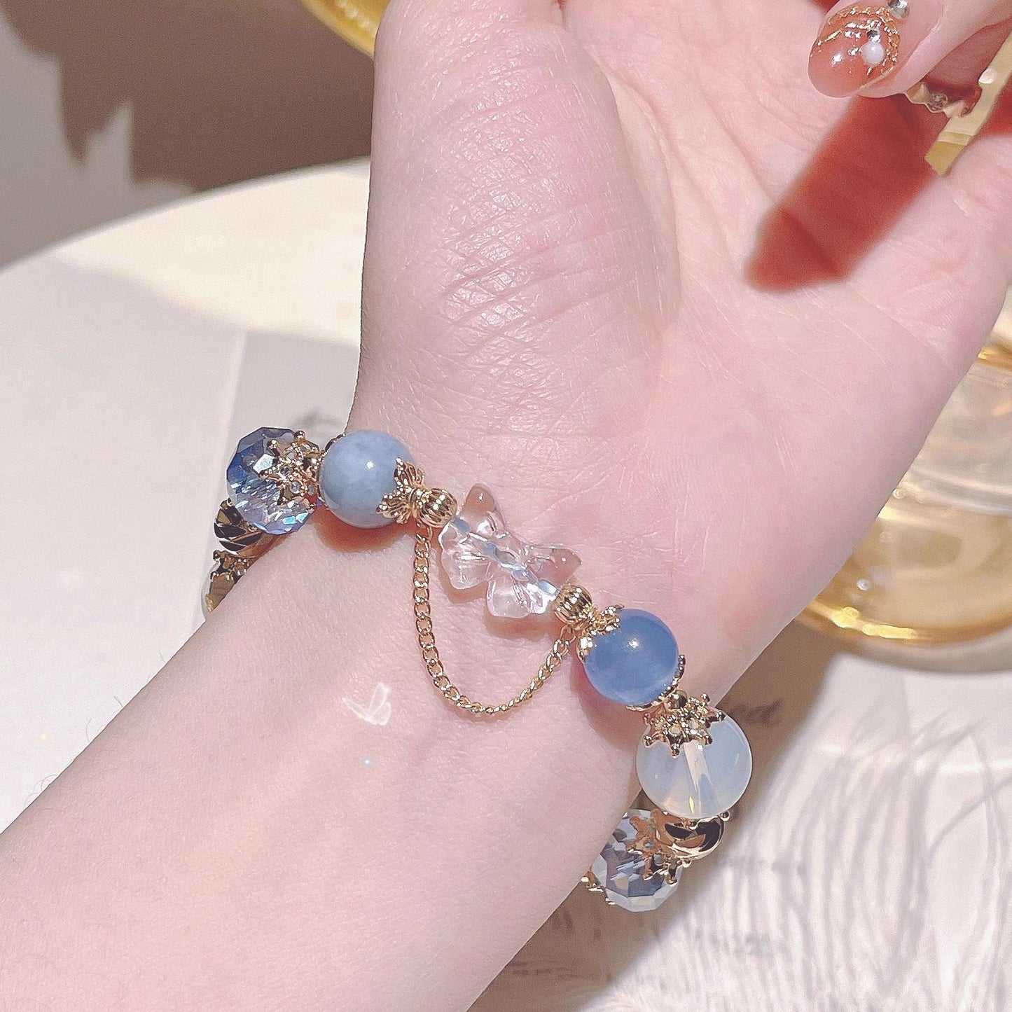 Fairy Tale Aquamarine & Blue Crystal Bracelet – Bridal Starry Sky Jewelry Gift for Women | White Quartz Snowflake-Inspired Beaded Chain