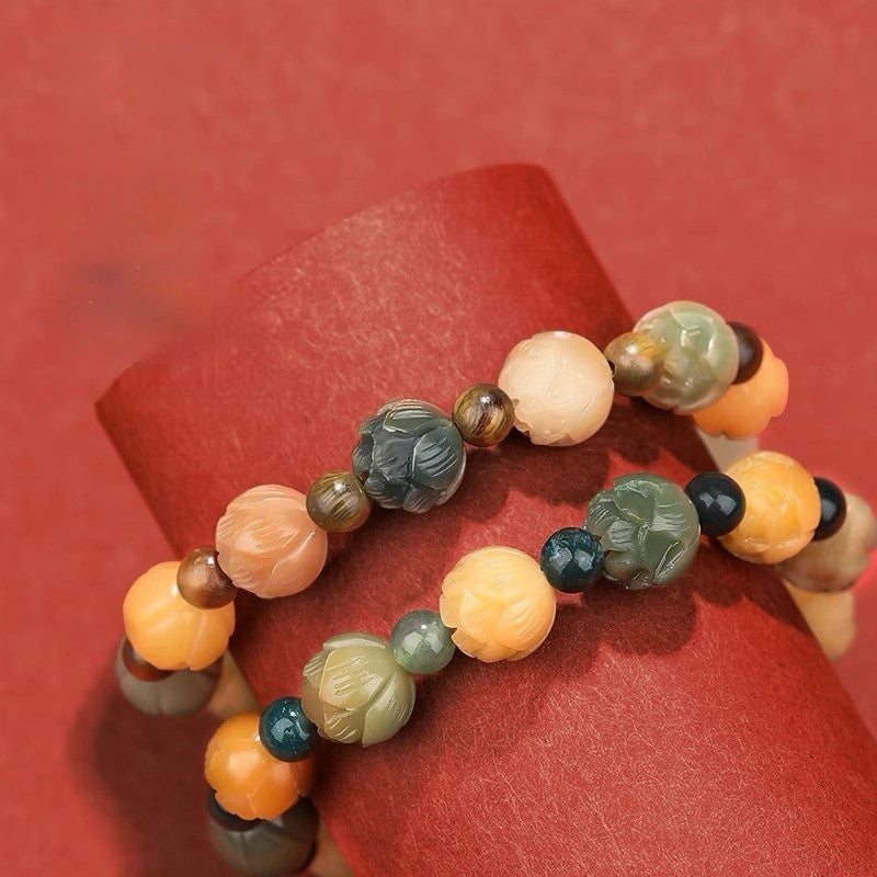 Lotus Bodhi Root  Agate God of Wealth String White Jade Bodhi for Women's Peaceful Rich Flower Bracelet