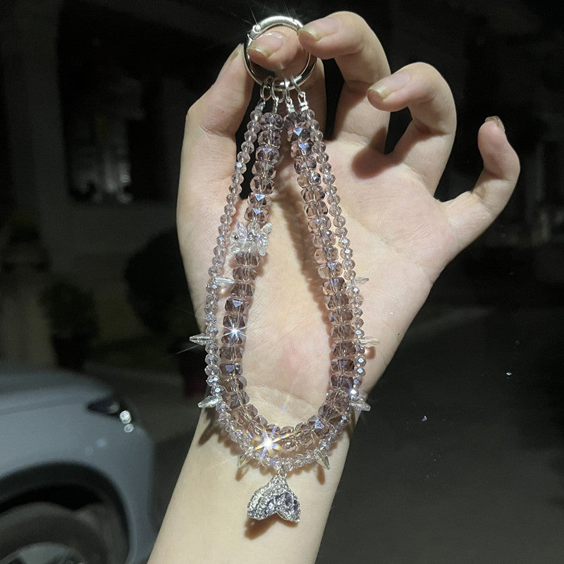 Designer Mermaid Crystal Phone Charm – Elegant Beaded Chain with Zircon Pendant for Wrist or Bag or Camera Accessory