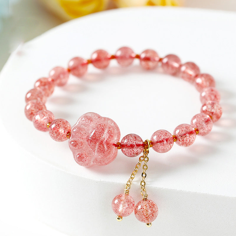 Natural Rutilated Quartz & Strawberry Crystal Tassel Bracelet – Cute Cat Paw Charm Handmade Jewelry for Women/Lady/Girls