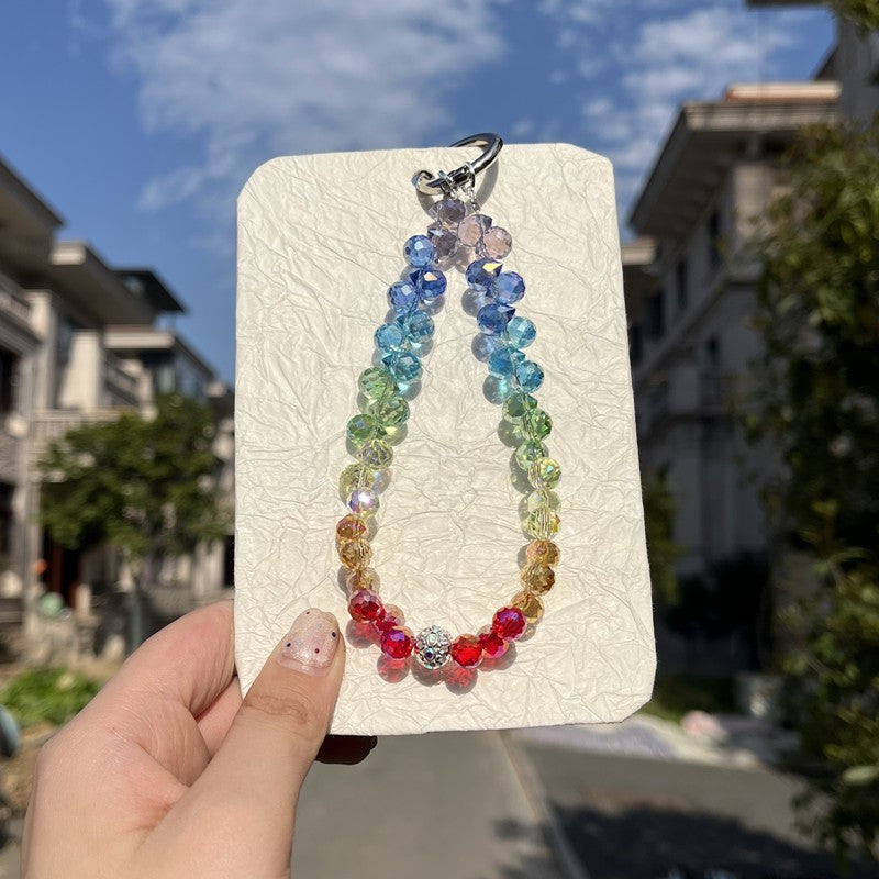 Luxury Rainbow Crystal Beaded Cellphone Short Wrist Strap – Designer Phone Hand Chain with Clip for Short Hand-Carry Use
