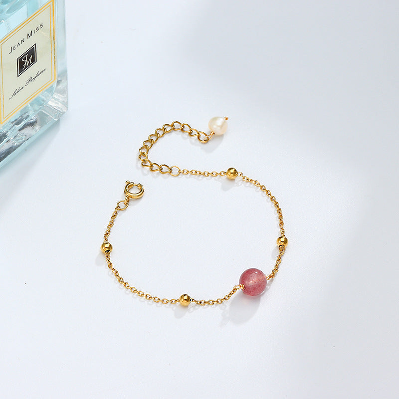 Strawberry Quartz & Rose Crystal Bracelet for Women – Gold-Plated Titanium Steel | Elegant Everyday Jewelry