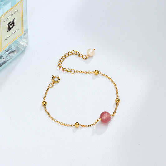 Strawberry Quartz & Rose Crystal Bracelet for Women – Gold-Plated Titanium Steel | Elegant Everyday Jewelry