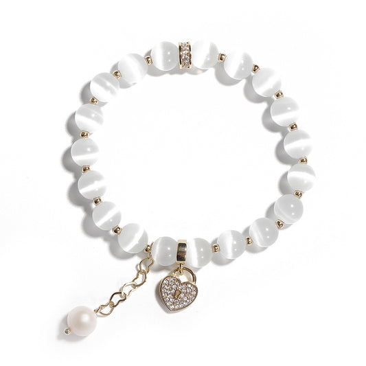 Crystal Tassel Bracelet for Women – Cat's Eye Gemstone, Pearl & Heart Lock Charm | Korean Fresh Style Jewelry