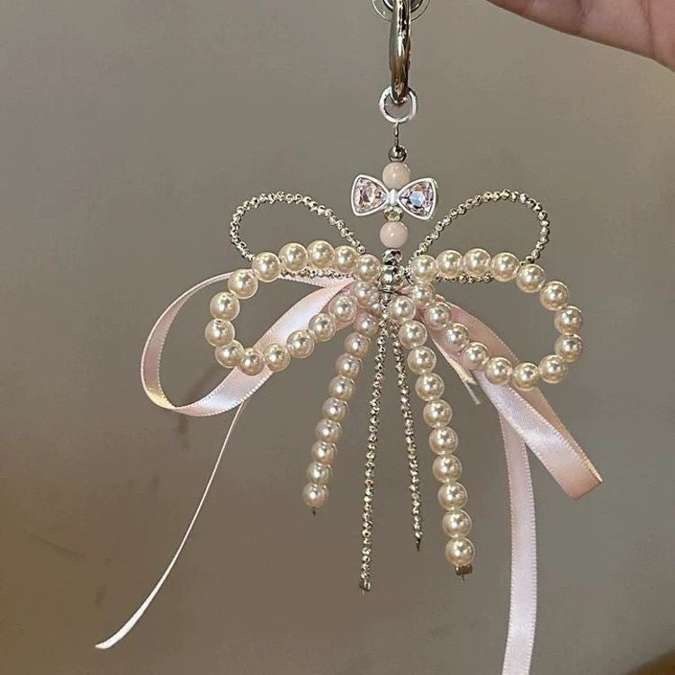 Elegant, girly Balletcore Pink Bow Pearl Phone Strap & Keychain – Korean INS Style Bag Charm Accessory