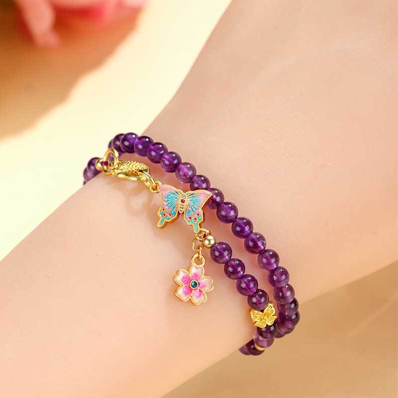 Amethyst Butterfly Beaded Double-Wrap Bracelet – Elegant Lucky Charm Floral Crystal Jewelry for Women Lady's Gift
