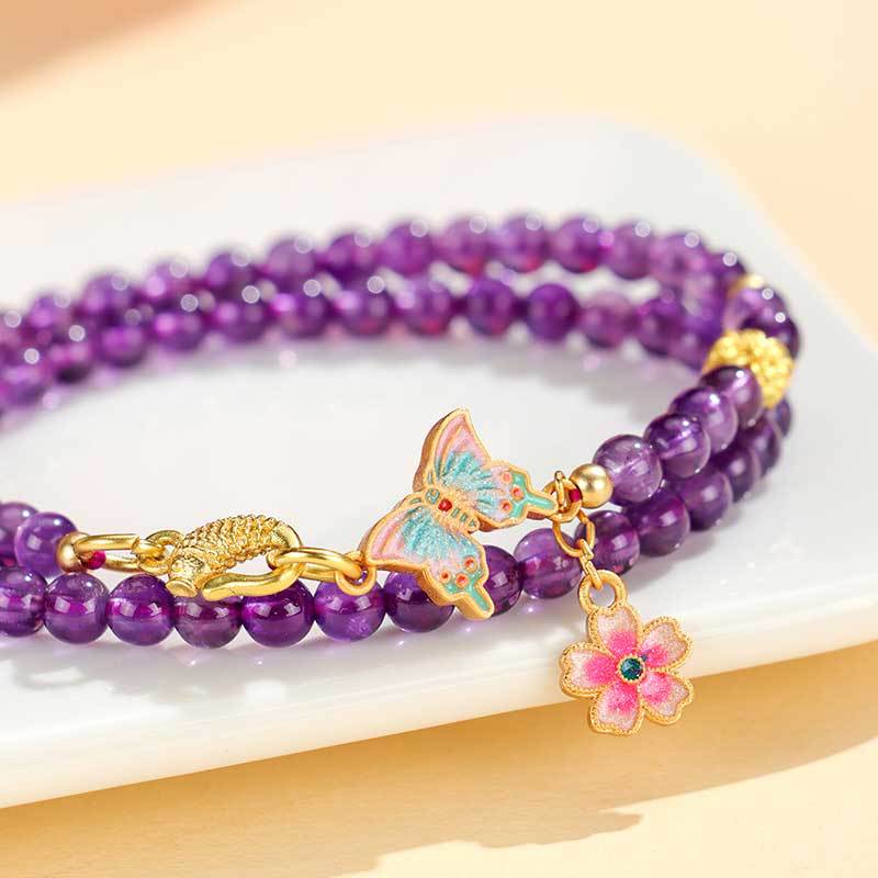 Amethyst Butterfly Beaded Double-Wrap Bracelet – Elegant Lucky Charm Floral Crystal Jewelry for Women Lady's Gift