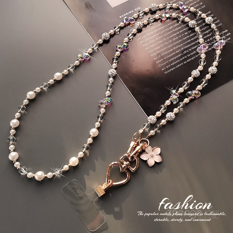 Hands Free Long Crossbody Pearl & Crystal Phone Strap – Summer Outdoor Travel Lanyard Long Phone Straps for Women