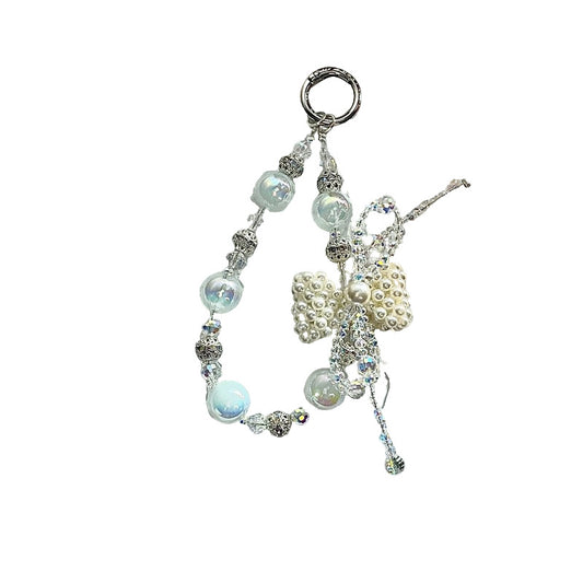 Designer Pearl Phone Strap with Lucky Bow & Rhinestone Chain – Cute Elegant Wrist Lanyard for Phones, AirPods & Keychains