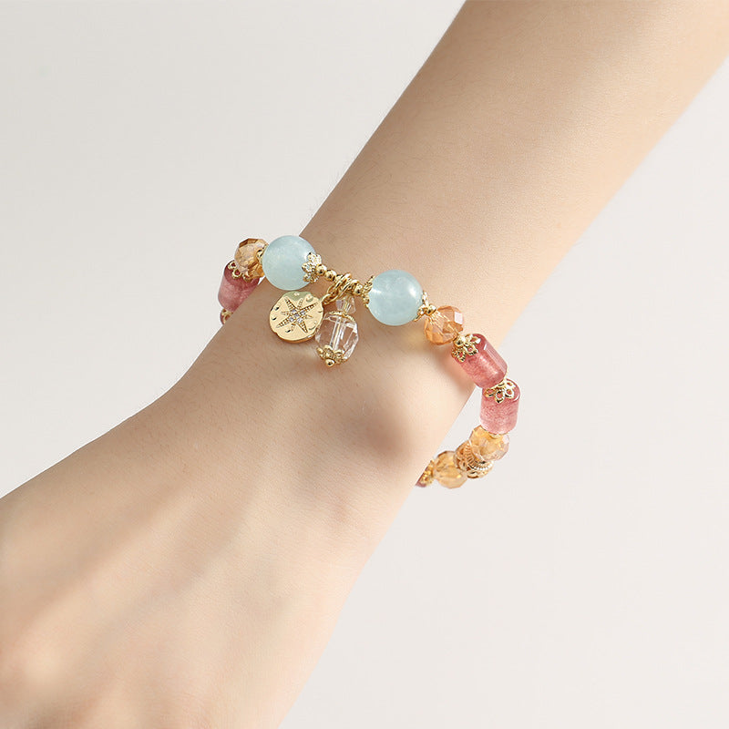 Strawberry Quartz & Aquamarine Crystal Bracelet – Handmade Beaded Jewelry with Gold-Plated Murano Glass Beads, Unique Gift for Her