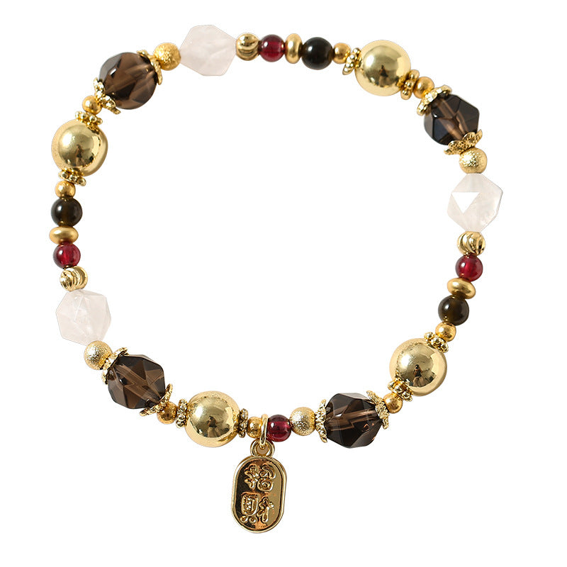 8mm tea crystal bracelet for girls ins wind lucky Nafu beaded bracelet 8mm white crystal copper plated 14K real gold