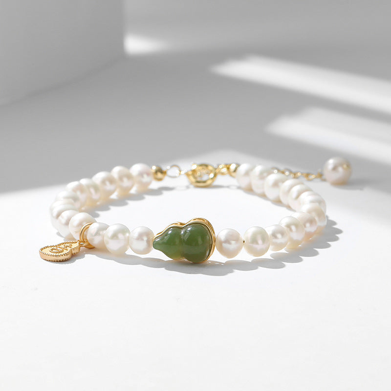 Natural Freshwater Pearl & Hetian Jade Gourd Bracelet – Gold-Plated Charm Jewelry for Women, Lucky Gift for Her