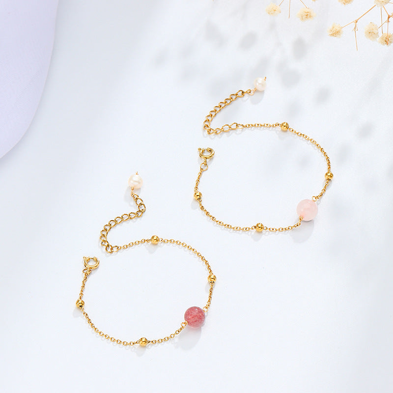 Strawberry Quartz & Rose Crystal Bracelet for Women – Gold-Plated Titanium Steel | Elegant Everyday Jewelry