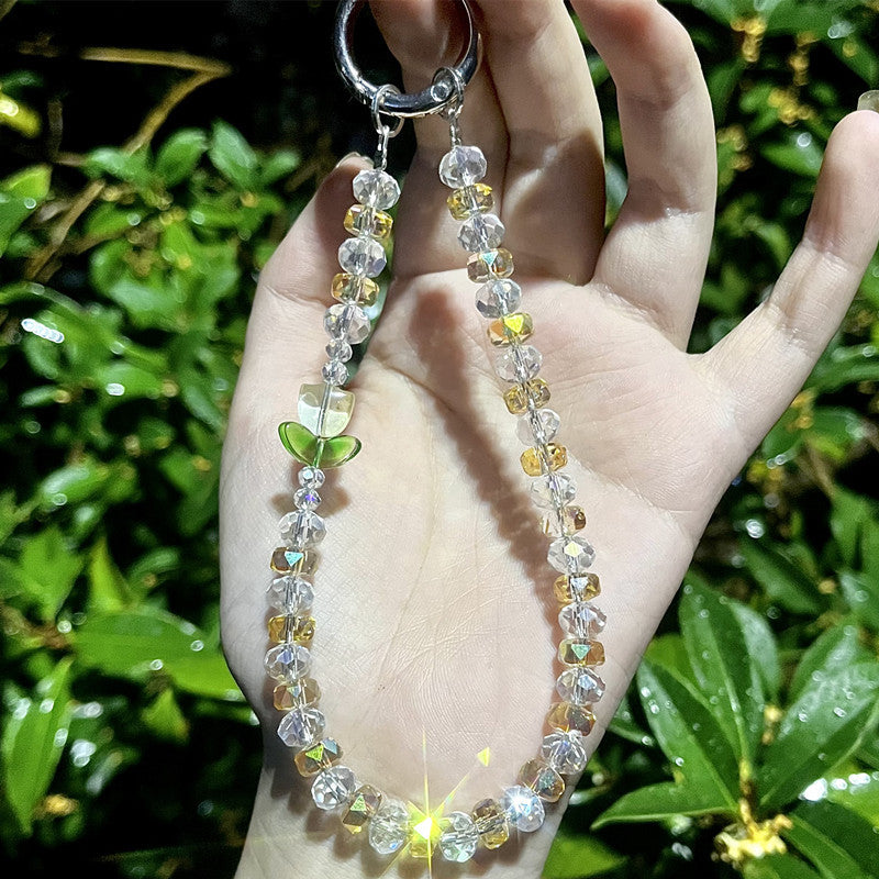 Flower Design Tulip Crystal Phone Charm – Original Beaded Phone Chain Accessory, Short Strap for Wrist or Bag, Wallet, Airpods