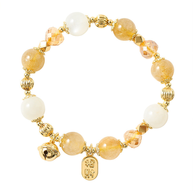Golden Rutilated Quartz & Moonstone Charm Bracelet – 14K Gold-Plated Bell & Diamond Beads | Lucky Energy Crystal Jewelry for Women