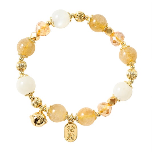 Golden Rutilated Quartz & Moonstone Charm Bracelet – 14K Gold-Plated Bell & Diamond Beads | Lucky Energy Crystal Jewelry for Women