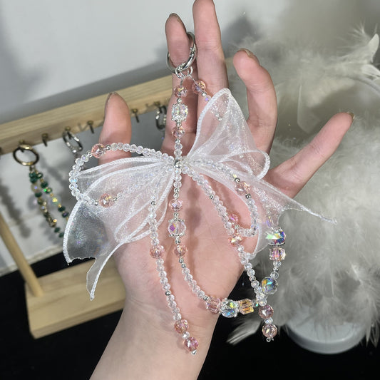 Hot-selling high-end girly-style Explosively shiny beads crystal BOW cell phone chain, pearl light luxury beaded  strap