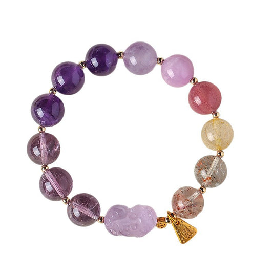 Natural Amethyst Pixiu Multi-Gemstone Bracelet – Lucky Wealth Crystal Jewelry for Women with Super Seven and Black Gold Elements