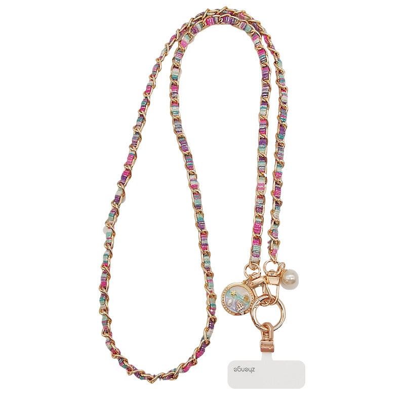 Crossbody mobile phone lanyard long metal chain painted cloth strap fashionable women's outdoor anti-lost mobile phone case bag chain