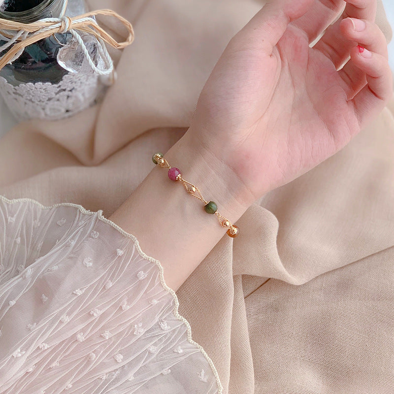 Natural Rainbow Tourmaline Bracelet for Women – Dainty Korean-Style Beaded Crystal Jewelry | Minimalist INS-Inspired Design