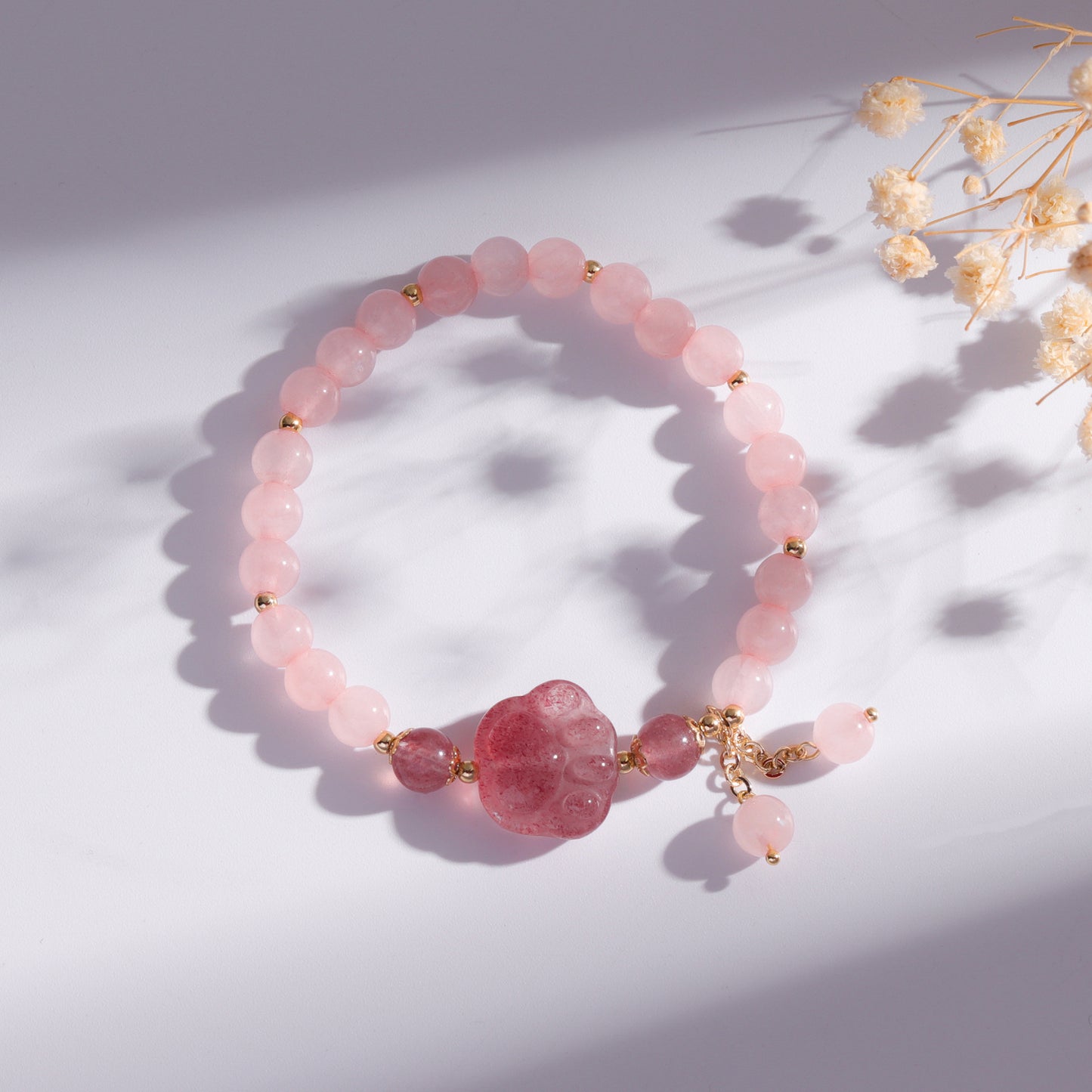 Natural Rutilated Quartz & Strawberry Crystal Tassel Bracelet – Cute Cat Paw Charm Handmade Jewelry for Women/Lady/Girls