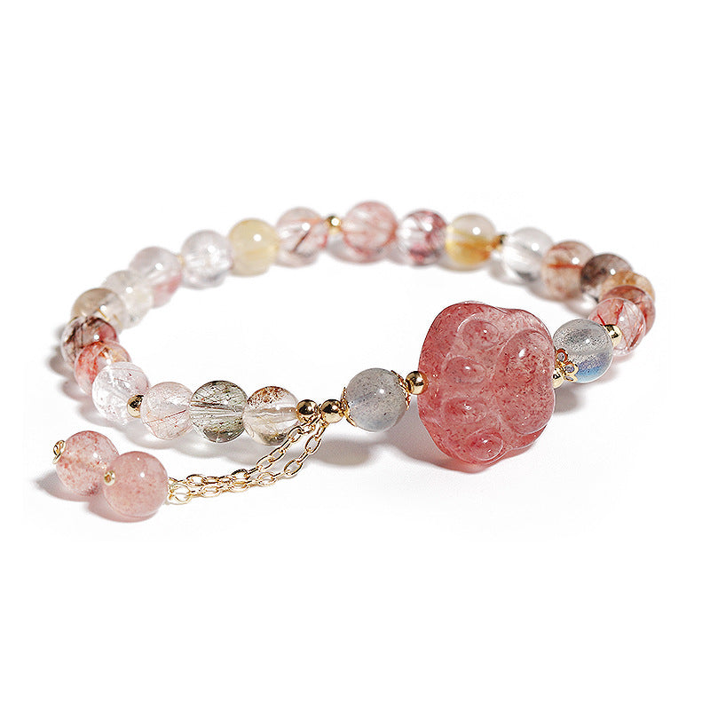 Natural Rutilated Quartz & Strawberry Crystal Tassel Bracelet – Cute Cat Paw Charm Handmade Jewelry for Women/Lady/Girls