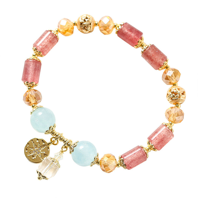 Strawberry Quartz & Aquamarine Crystal Bracelet – Handmade Beaded Jewelry with Gold-Plated Murano Glass Beads, Unique Gift for Her