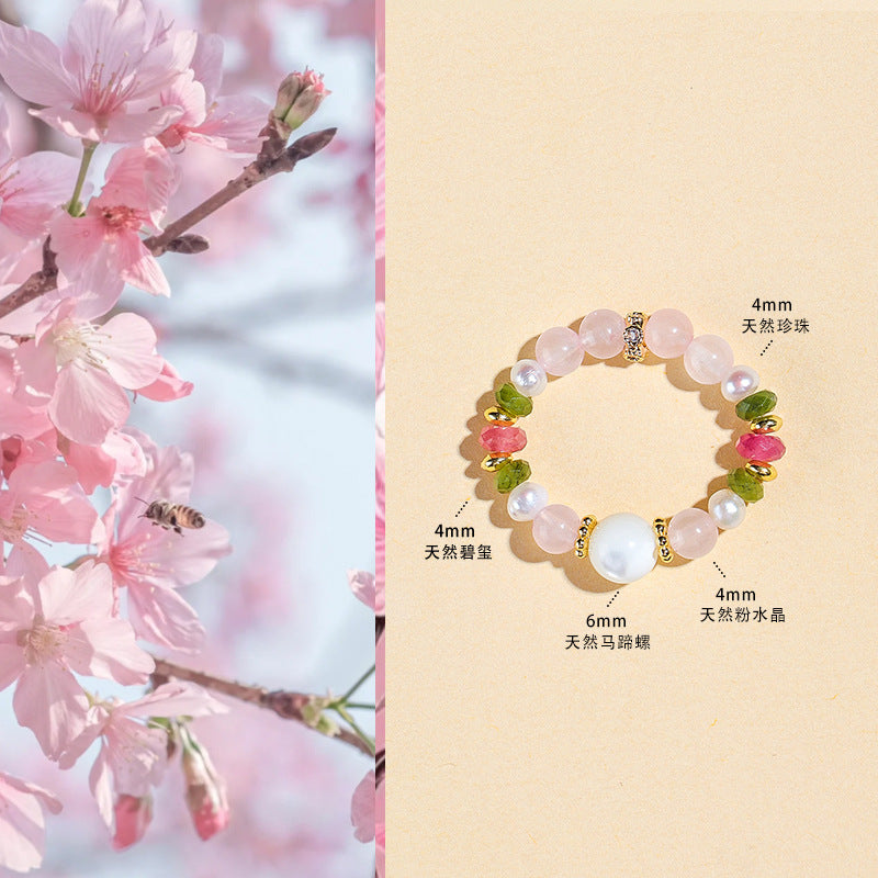 Natural Tourmaline, Morganite & Freshwater Pearl Jewelry Set – 3-Piece Crystal Beaded Ring, Bracelet & Necklace for Women Gift