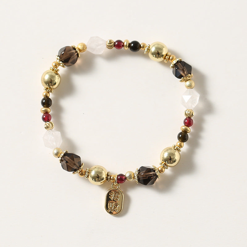 8mm tea crystal bracelet for girls ins wind lucky Nafu beaded bracelet 8mm white crystal copper plated 14K real gold