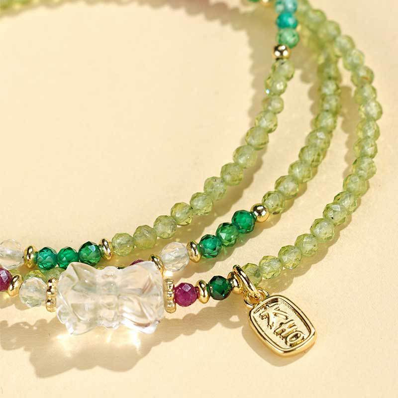Peridot & Ruby Three-Layer Crystal Bracelet & Necklace – Elegant Chinese-Style 2-in-1 Beaded Jewelry for Women Gift