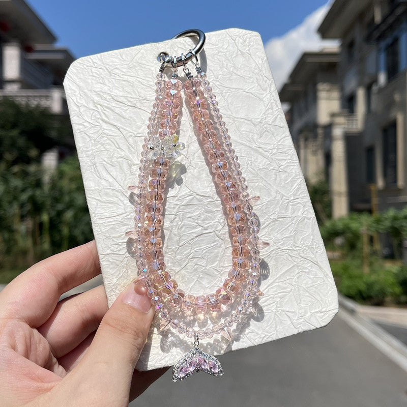 Designer Mermaid Crystal Phone Charm – Elegant Beaded Chain with Zircon Pendant for Wrist or Bag or Camera Accessory