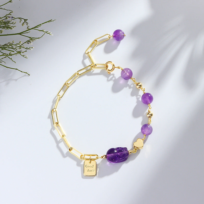 Natural Amethyst Pixiu Bracelet for Women – Handmade Crystal Beaded Bracelet | Lucky Wealth Protection Jewelry | Trendy INS-Inspired Gift