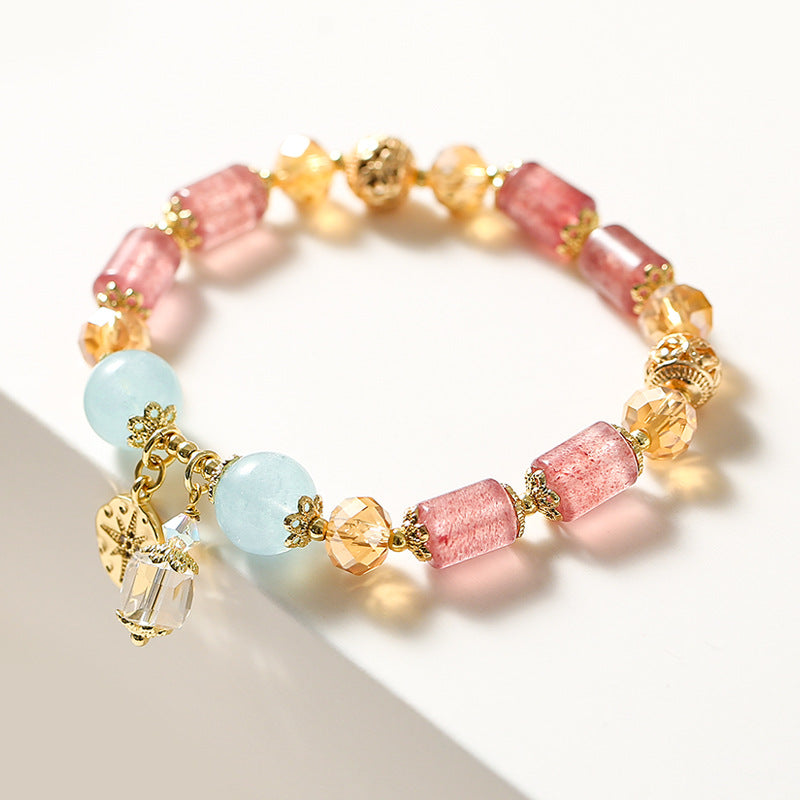 Strawberry Quartz & Aquamarine Crystal Bracelet – Handmade Beaded Jewelry with Gold-Plated Murano Glass Beads, Unique Gift for Her