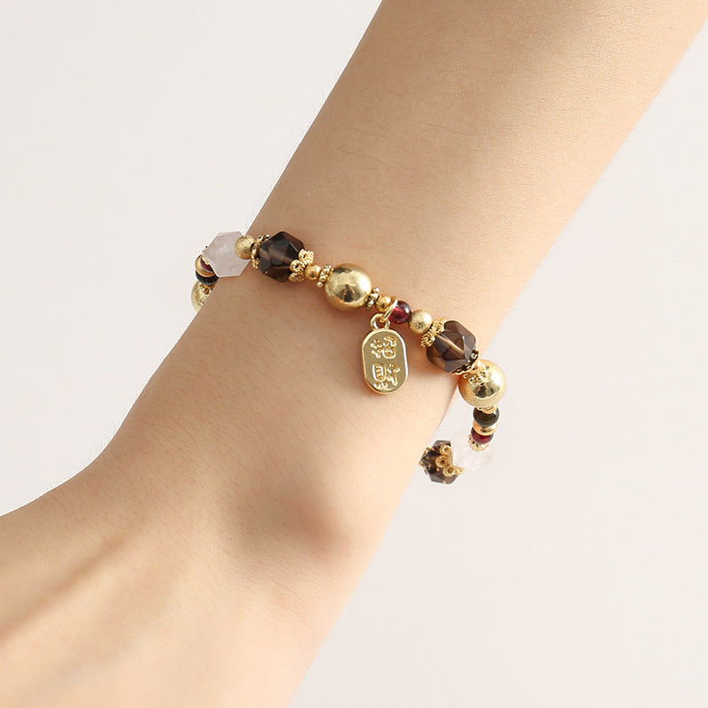 8mm tea crystal bracelet for girls ins wind lucky Nafu beaded bracelet 8mm white crystal copper plated 14K real gold